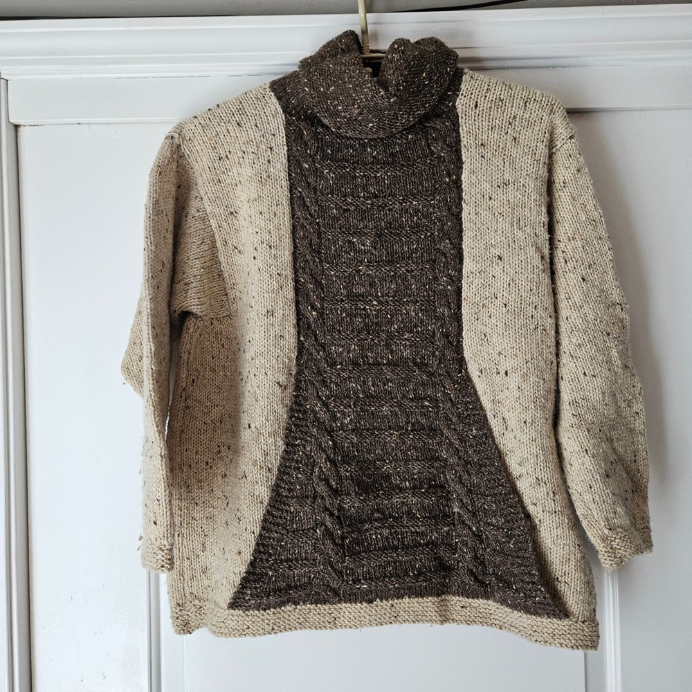Deidre McGuire Sweater Brown Tan Handknitted Ireland 100% Wool Cowl Cableknit